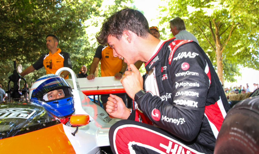 F1 rookie Ollie Bearman meets racing legend Alain Prost at Goodwood FOS