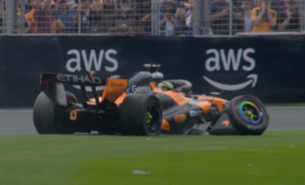 McLaren damaged in Turn 4 impact 