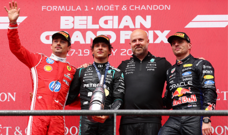 Kimi Antonelli celebrates Belgian Grand Prix victory.